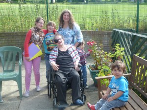 My receovering wife, Margaret; my daughter, anne, and grandchildren Tegan, Leon,Ryan and Daryan on the terrace at Gossoms End